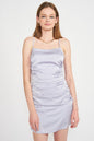RUCHED SATIN SPAGHETTI STRAP MINI DRESS See size chart under “more details” The Fashion Celestial