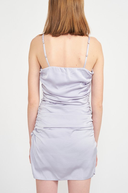 RUCHED SATIN SPAGHETTI STRAP MINI DRESS See size chart under “more details” The Fashion Celestial