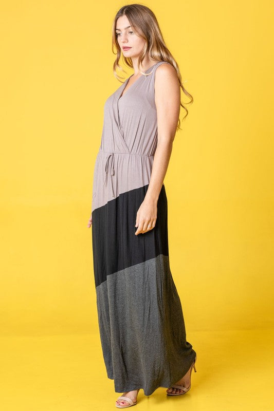 Color Block Surplice Elastic Waist Band Maxi Dress See size chart under “more details” The Fashion Celestial
