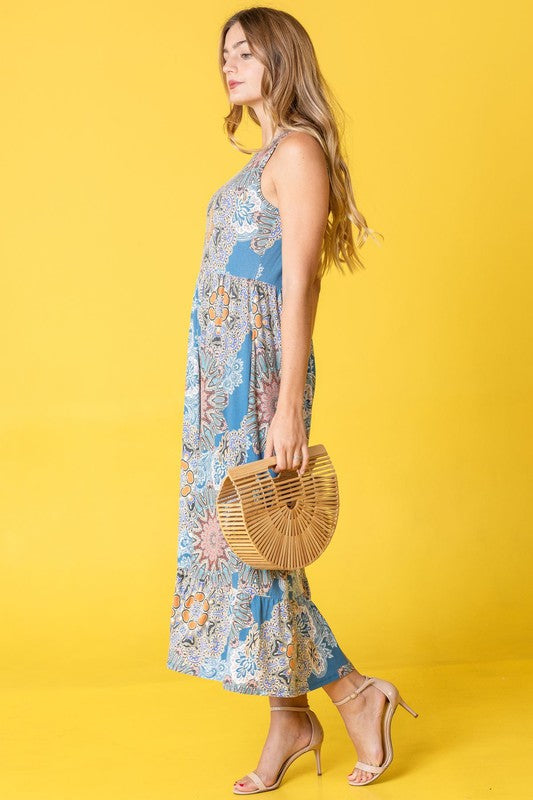 Sleeveless Print Ruffled Hem Tea-Length Dress See size chart under “more details” The Fashion Celestial