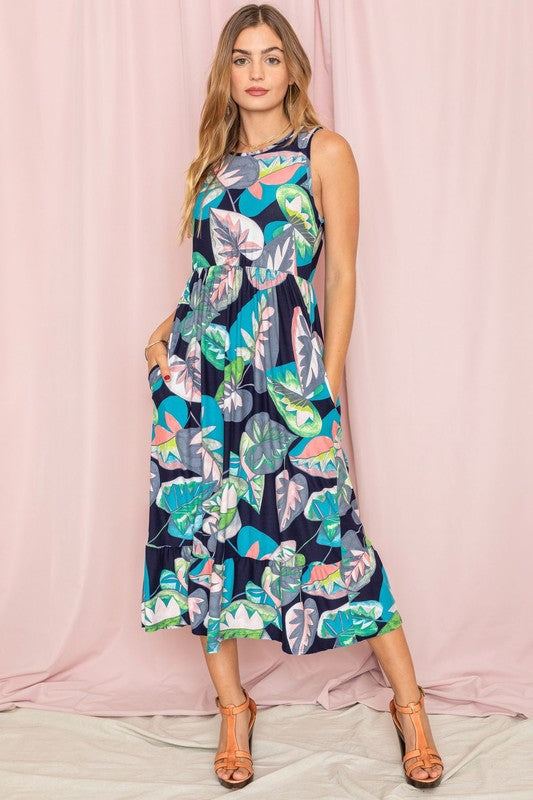 Sleeveless Print Ruffled Hem Tea-Length Dress See size chart under “more details” The Fashion Celestial
