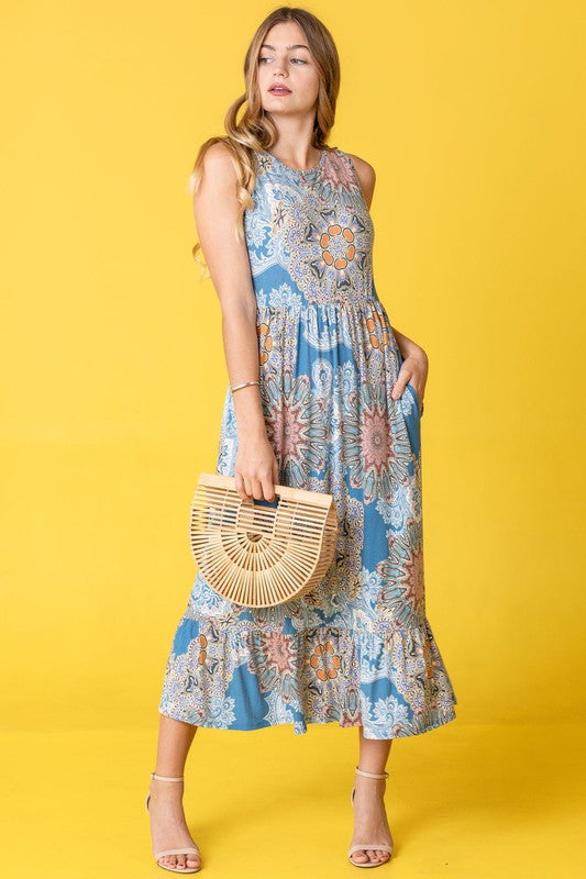 Sleeveless Print Ruffled Hem Tea-Length Dress See size chart under “more details” The Fashion Celestial