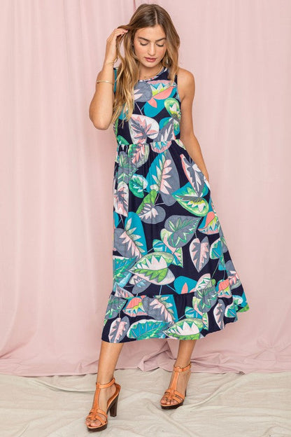 Sleeveless Print Ruffled Hem Tea-Length Dress See size chart under “more details” The Fashion Celestial