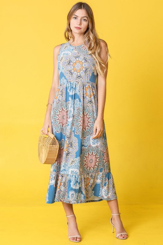 Sleeveless Print Ruffled Hem Tea-Length Dress See size chart under “more details” The Fashion Celestial