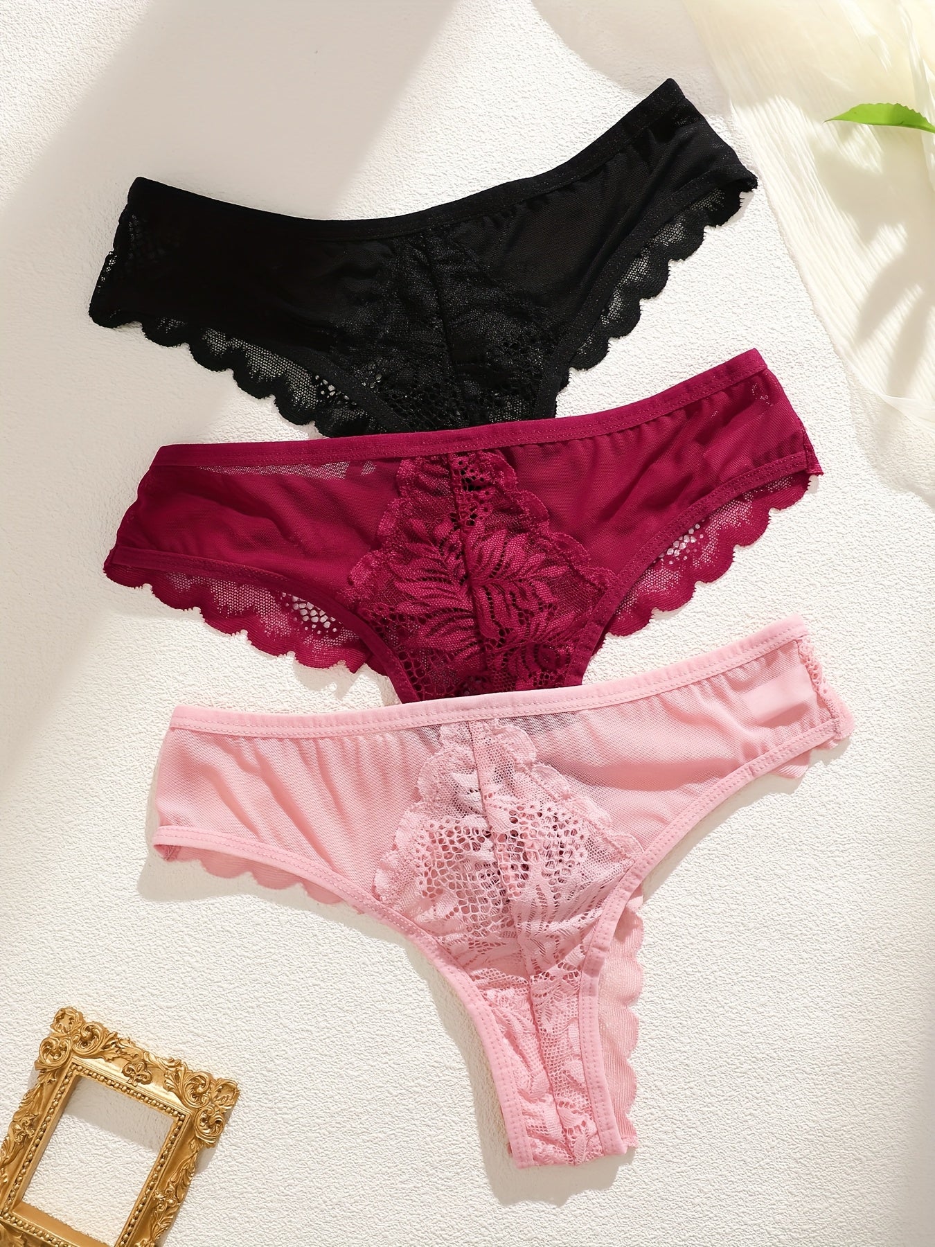 3pcs Women's Lace Thong Set, Sexy Semi-Sheer Panties NovaCart