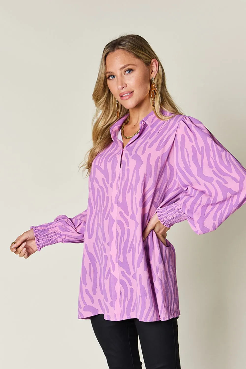 Double Take Full Size Printed Smocked Long Sleeve Blouse Plus Size New Era Fashion LLc