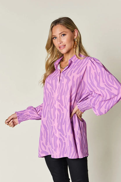 Double Take Full Size Printed Smocked Long Sleeve Blouse Plus Size New Era Fashion LLc