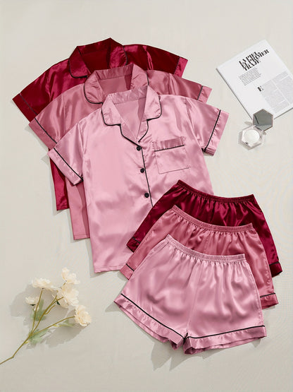 [Three Suits] Multicolor Variety of Short-sleeved Shorts Solid Color Imitation Y Satin PJ Set Women's Two-piece Suit NovaCart