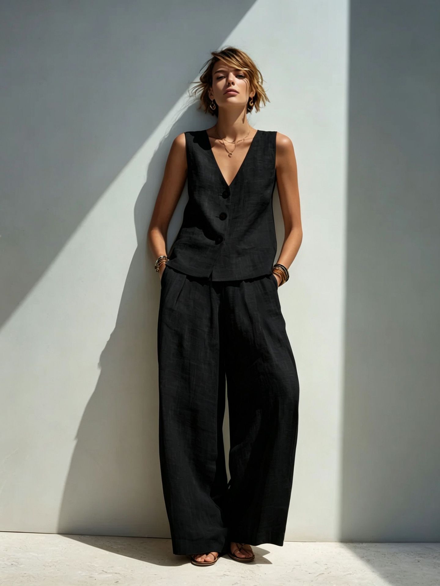 Linen Blend V-Neck Buttoned Vest & High-Waist Wide-Leg Pants Set – 5 Colors S–3XL FitiqueFit