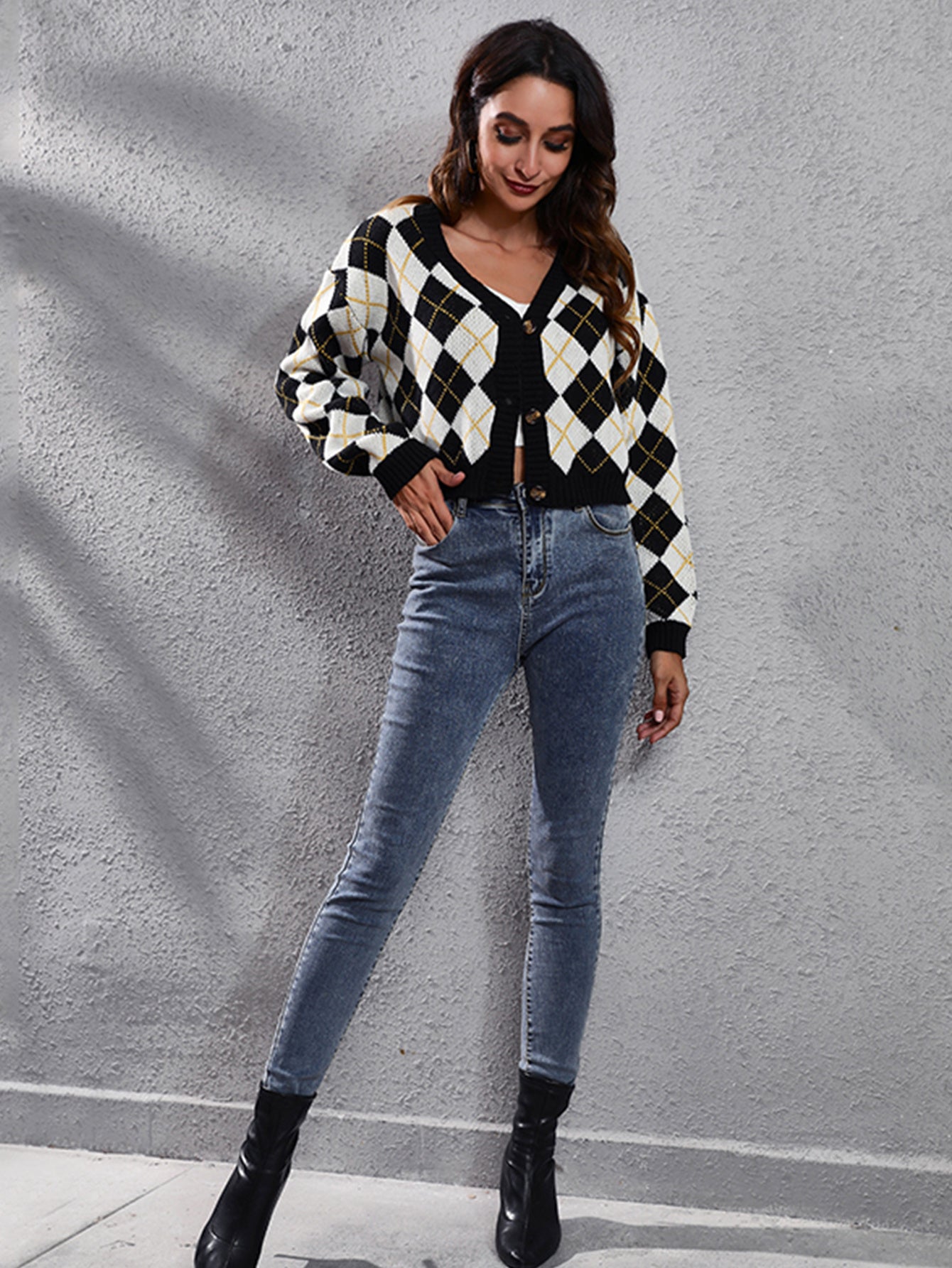 Women'S Elegant Tartan Knit Cardigan, V-Neck Short Length Sweater with Button Detail, Acrylic 100% Long Sleeve Knitwear for Fall/Winter NovaCart