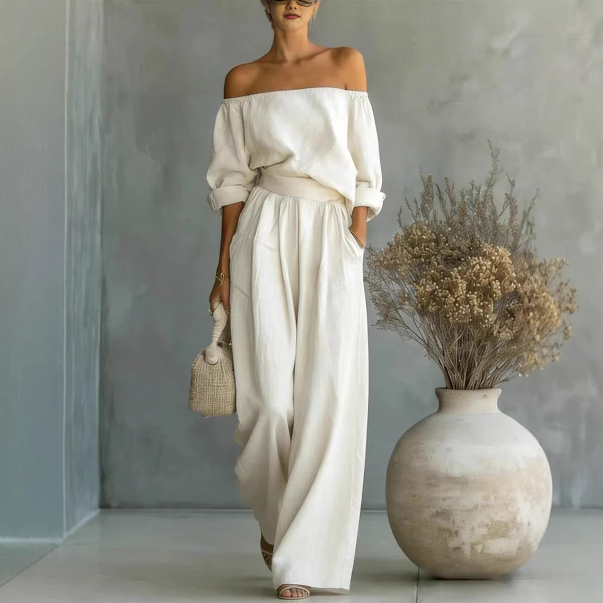 Women's Off-Shoulder Long-Sleeve Top & Wide-Leg Pants Two-Piece Set FitiqueFit