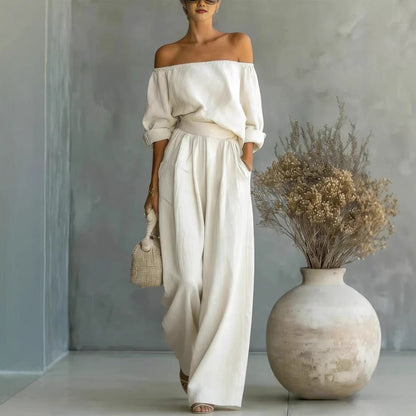 Women's Off-Shoulder Long-Sleeve Top & Wide-Leg Pants Two-Piece Set FitiqueFit