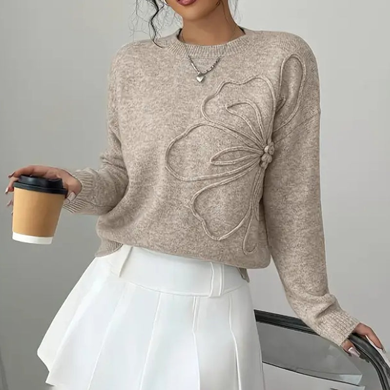 Women's Elegant Floral Sweater - Crew Neck Long Sleeve Casual Pullover FitiqueFit