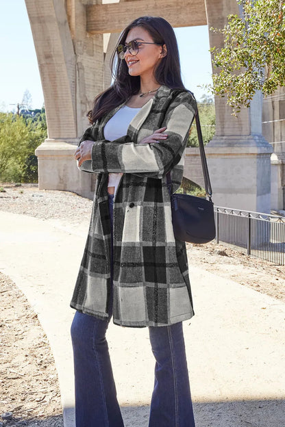 Double Take Full Size Plaid Button Up Lapel Collar Coat West2East Surf