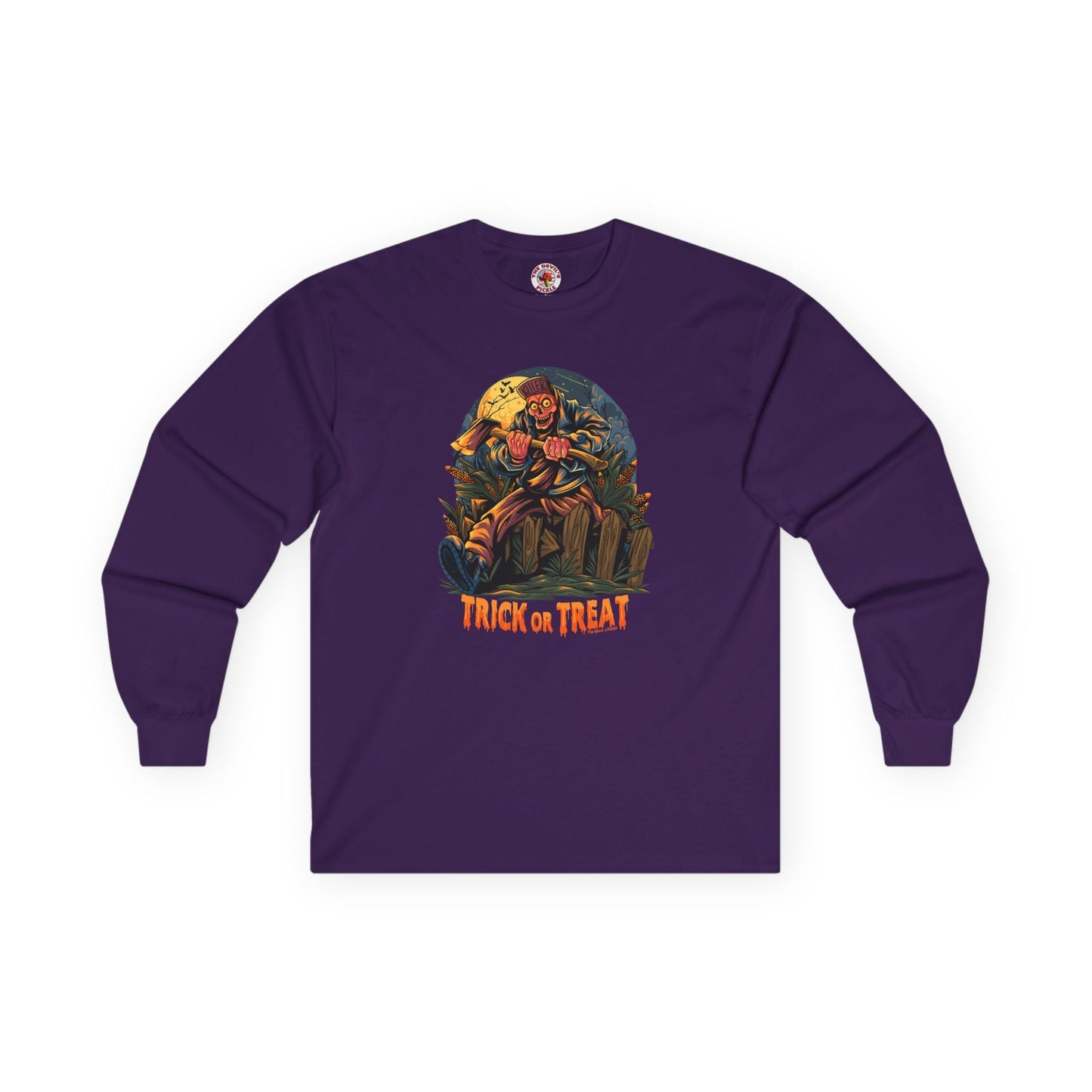 Axe Wielding Zombie Trick or Treat Long Sleeve Tee The Devil's Pickle