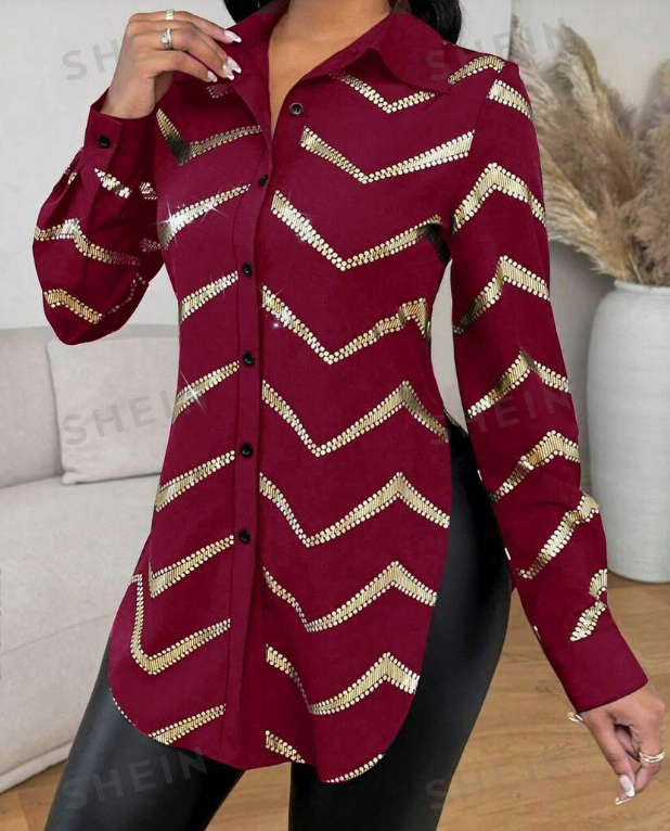 Lyxana Open Placket Foil Print Random Cut Shoulder Long Sleeve Cinched Waist Blouse Women Shirt New Era Fashion LLc