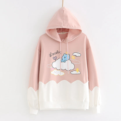 Printed Color-blocking Thin Long-sleeved Hooded Sweatshirt See size chart under “more details” The Fashion Celestial