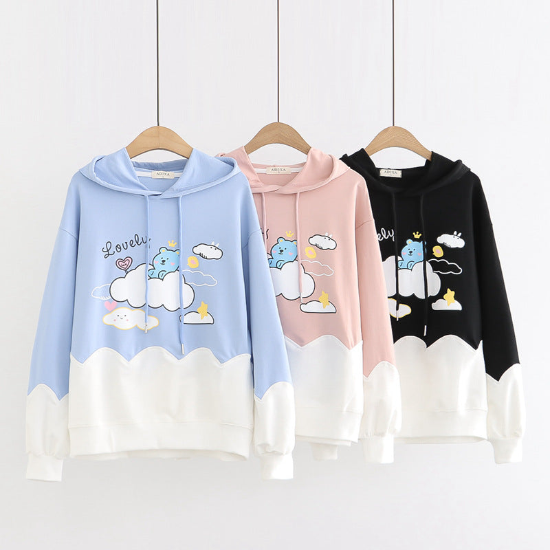 Printed Color-blocking Thin Long-sleeved Hooded Sweatshirt See size chart under “more details” The Fashion Celestial