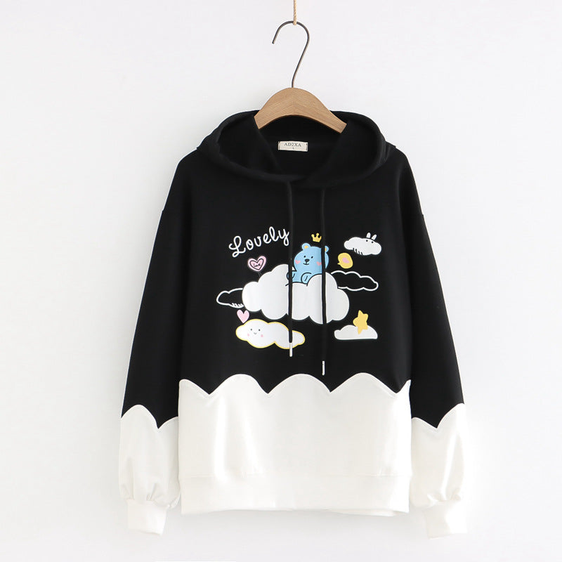 Printed Color-blocking Thin Long-sleeved Hooded Sweatshirt See size chart under “more details” The Fashion Celestial