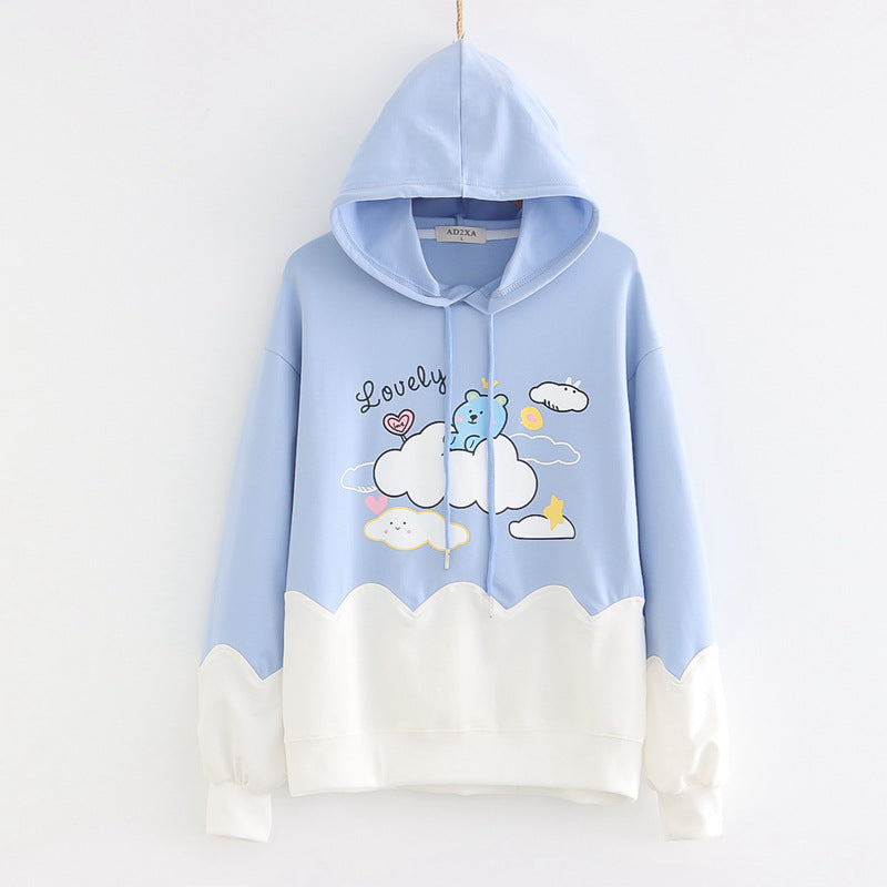 Printed Color-blocking Thin Long-sleeved Hooded Sweatshirt See size chart under “more details” The Fashion Celestial