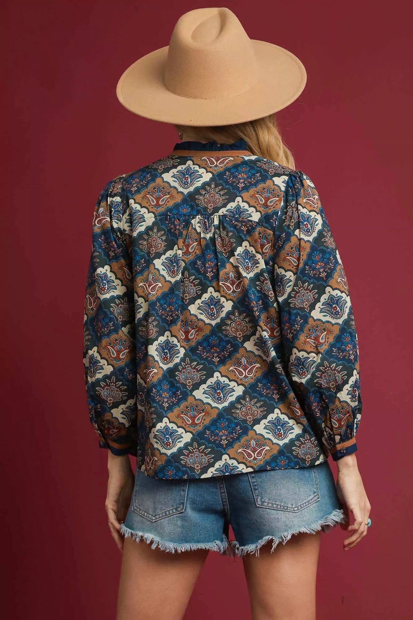 Umgee Abstract Print Ruffle Neck Top West2East Surf