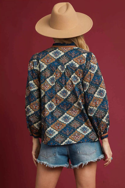 Umgee Abstract Print Ruffle Neck Top West2East Surf