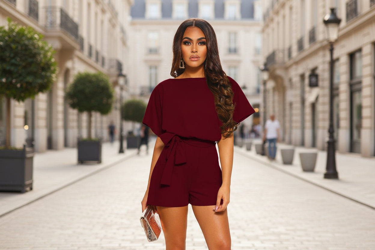 Belted Short Sleeve Silk A-Line Mini Jumpsuit – 4 Colors, S–5XL FitiqueFit