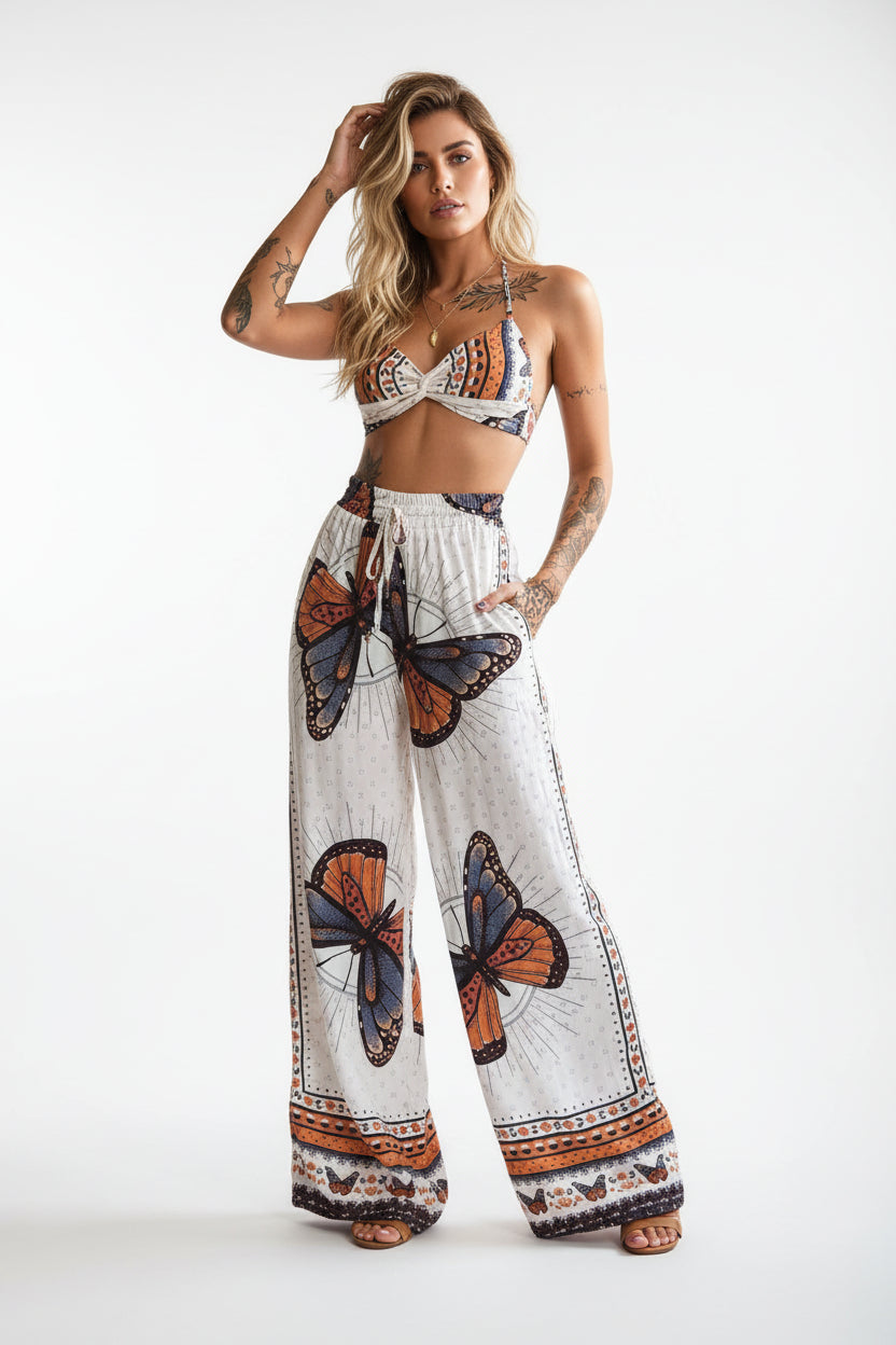 Women's Feather Print Crop Top & Pants Set – 2-Piece Vacation Outfit FitiqueFit