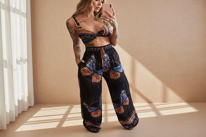 Women's Feather Print Crop Top & Pants Set – 2-Piece Vacation Outfit FitiqueFit