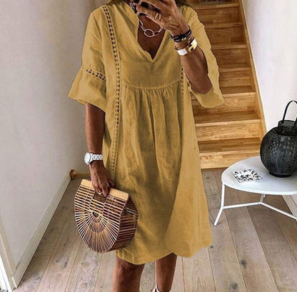Women's V-Neck Flared Sleeve A-Line Mini Dress – Lace Stitching FitiqueFit