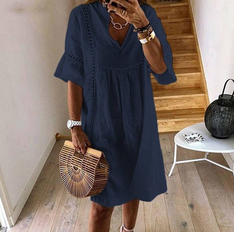 Women's V-Neck Flared Sleeve A-Line Mini Dress – Lace Stitching FitiqueFit