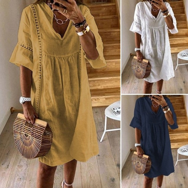 Women's V-Neck Flared Sleeve A-Line Mini Dress – Lace Stitching FitiqueFit