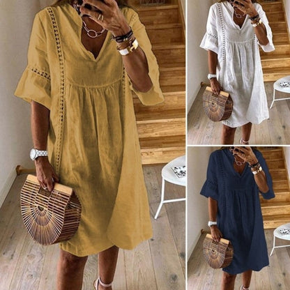 Women's V-Neck Flared Sleeve A-Line Mini Dress – Lace Stitching FitiqueFit