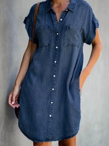 Denim Midi Dress – Short Sleeve Square Neck Slim Fit Street Style FitiqueFit