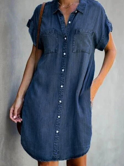 Denim Midi Dress – Short Sleeve Square Neck Slim Fit Street Style FitiqueFit
