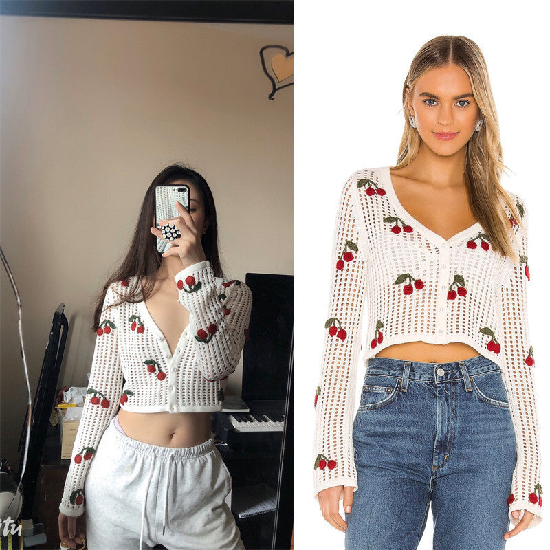 Women’s Cherry Embroidery Crochet Cardigan FitiqueFit
