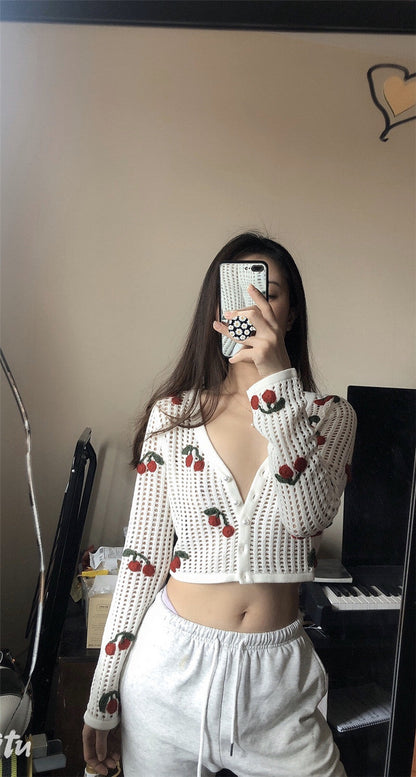 Women’s Cherry Embroidery Crochet Cardigan FitiqueFit