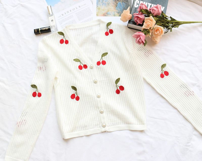 Women’s Cherry Embroidery Crochet Cardigan FitiqueFit