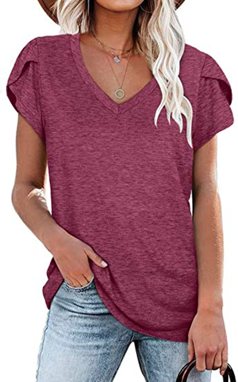🌸 Women's V-Neck Petal Sleeve Summer T-Shirt – Elegant & Breezy FitiqueFit