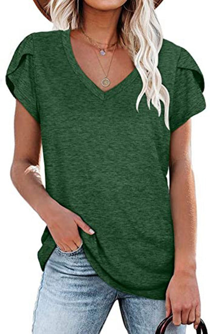🌸 Women's V-Neck Petal Sleeve Summer T-Shirt – Elegant & Breezy FitiqueFit
