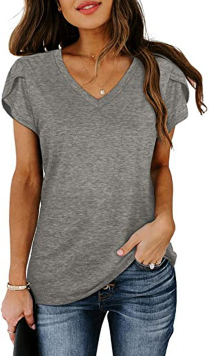 🌸 Women's V-Neck Petal Sleeve Summer T-Shirt – Elegant & Breezy FitiqueFit