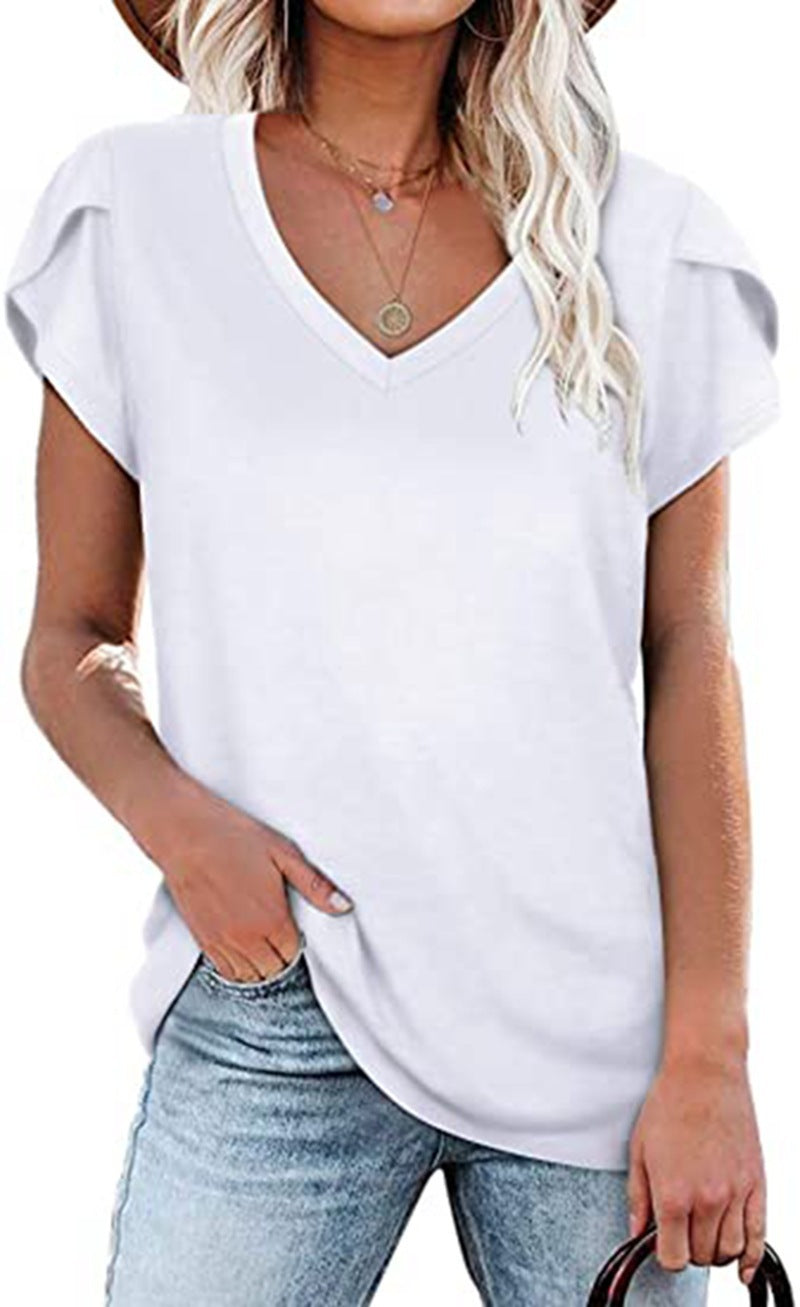 🌸 Women's V-Neck Petal Sleeve Summer T-Shirt – Elegant & Breezy FitiqueFit