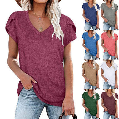🌸 Women's V-Neck Petal Sleeve Summer T-Shirt – Elegant & Breezy FitiqueFit
