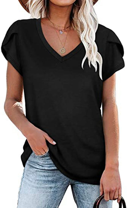 🌸 Women's V-Neck Petal Sleeve Summer T-Shirt – Elegant & Breezy FitiqueFit
