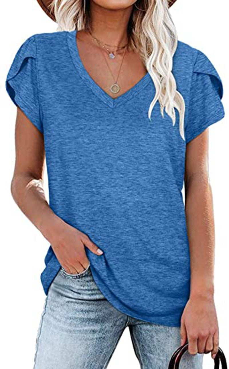 🌸 Women's V-Neck Petal Sleeve Summer T-Shirt – Elegant & Breezy FitiqueFit