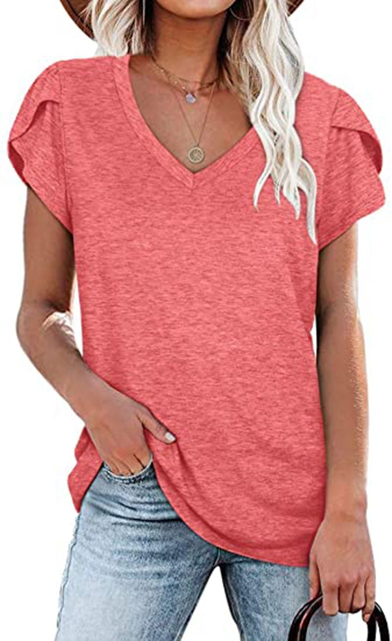 🌸 Women's V-Neck Petal Sleeve Summer T-Shirt – Elegant & Breezy FitiqueFit