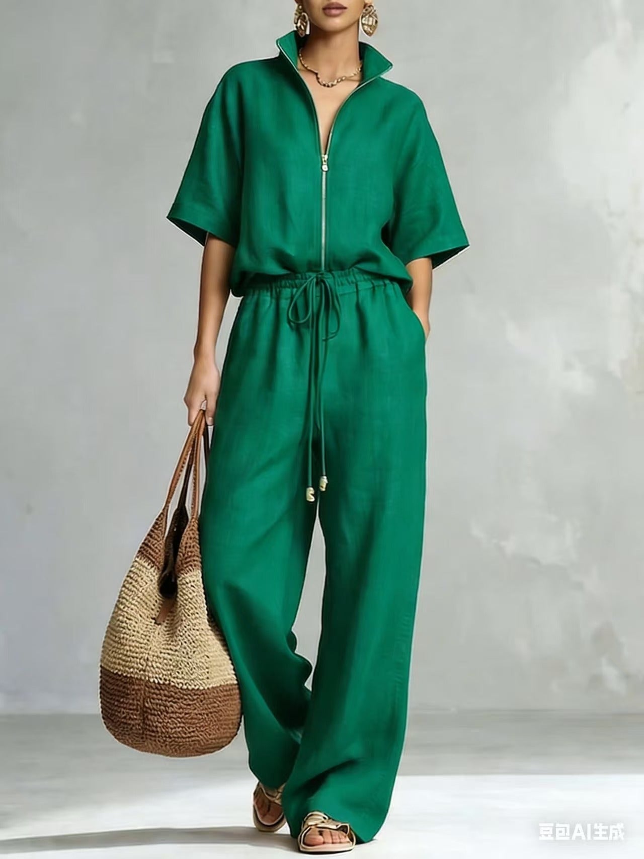 Women's Zip-Up Crew-Neck Top & Wide-Leg Pants Set FitiqueFit