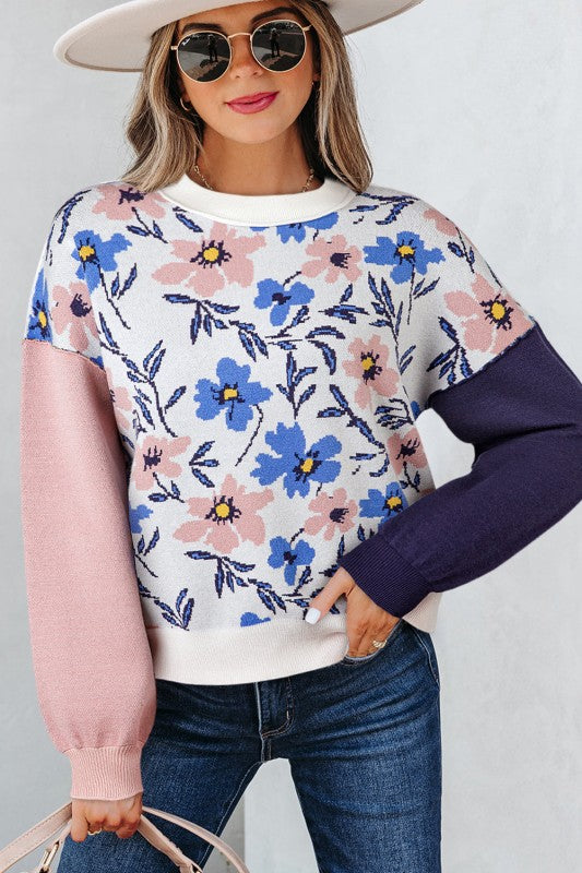 Floral Panel Colorblock Sleeve Crewneck Sweater Shop Style & More | Fresh Looks, Everyday Deals & Free Shipping