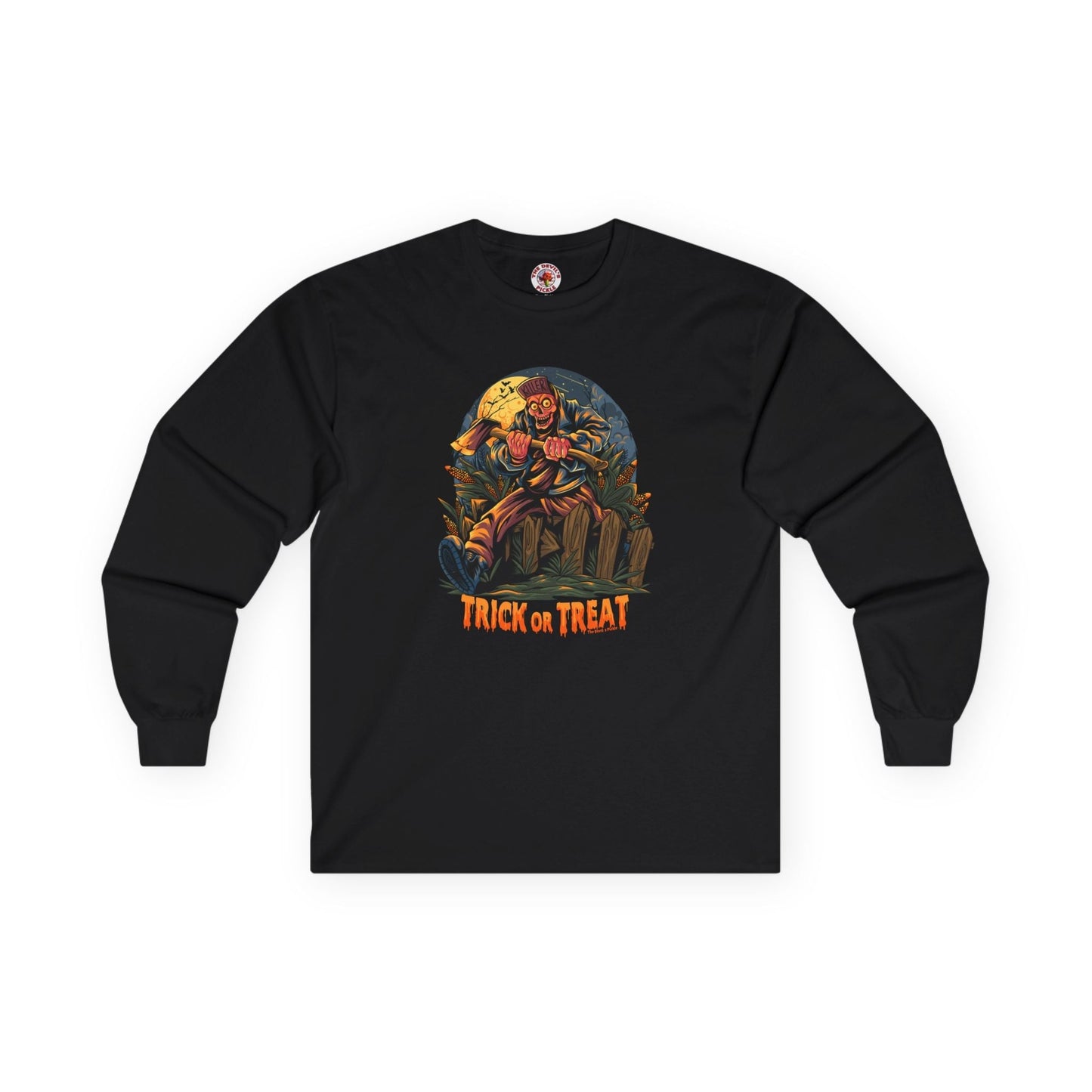 Axe Wielding Zombie Trick or Treat Long Sleeve Tee The Devil's Pickle