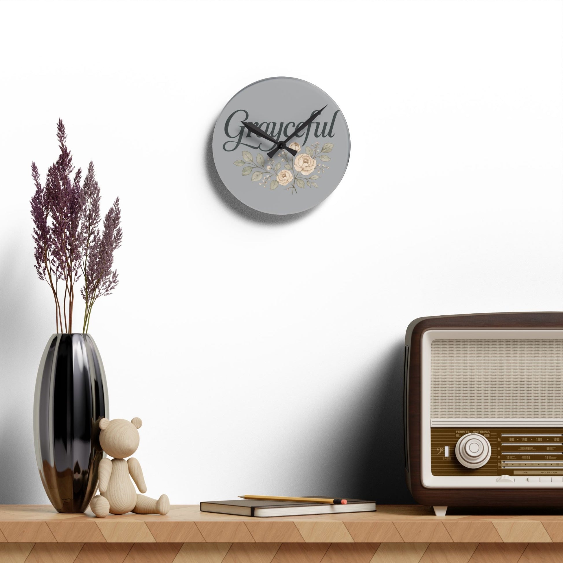 Gray Floral Acrylic Wall Clock, Grateful Home Decor, Modern Wall Art, Gift for Her, Office or Living Room Grayceful LLC